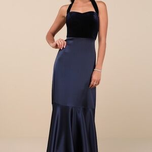 Lulus Mesmerizing Impression Navy Blue Mixed Media Halter Maxi Dress - Size L